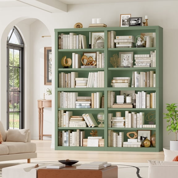 Hiphuta 63"W Extra Large and Sturdy Bookcase, Double Wide 6-Tier Bookshelf, Tall Bookcase for Home Office and Living Room, Wooden Freestanding Display Shelf, Green