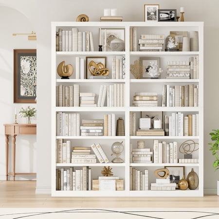 Hiphuta 63"W Extra Large and Sturdy Bookcase, Double Wide 6-Tier Bookshelf, Tall Bookcase for Home Office and Living Room, Wooden Freestanding Display Shelf, White