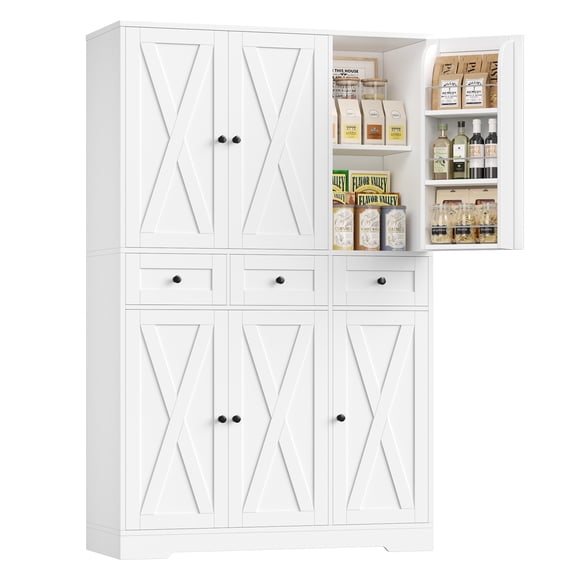 Hiphuta 67" Tall Farmhouse Kitchen Pantry Storage Cabinet with Door Shelves, 43" Wide Large Cupboard Hutch with 3 Drawers, White