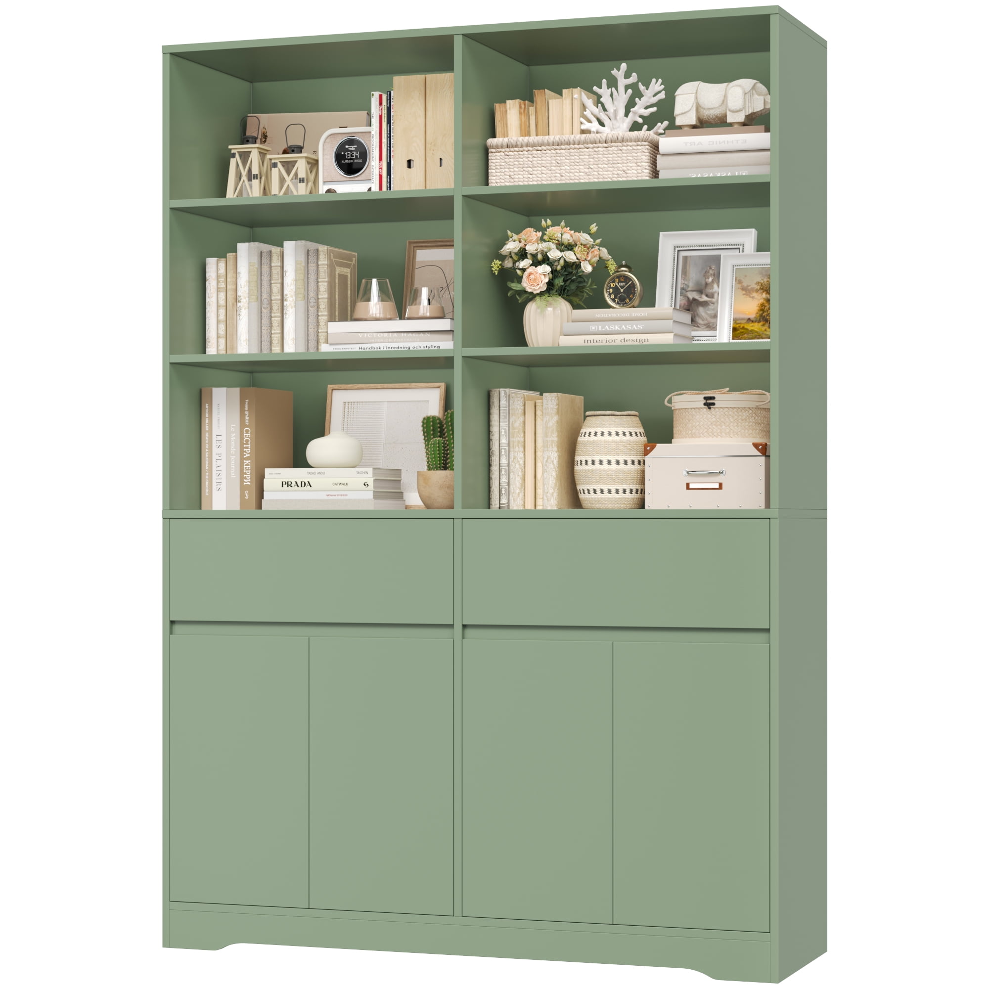Hiphuta 69"H Modern Bookcases with Doors & Drawers, Large Wooden Display Shelf for Home Office, Wooden Storage Bookshelf for Living Room, Green