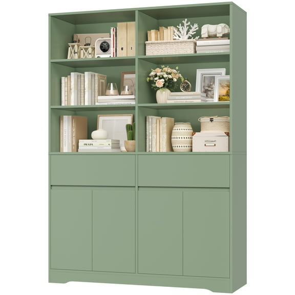 Hiphuta 69"H Modern Bookcases with Doors & Drawers, Large Wooden Display Shelf for Home Office, Wooden Storage Bookshelf for Living Room, Green