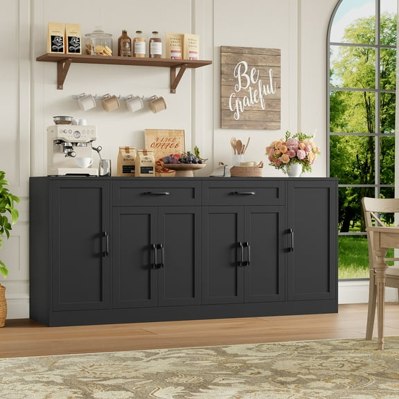 Hiphuta 70.8"W Large Buffet Cabinet with Storage, Modern Farmhouse Sideboard with 6 Doors, Coffee Bar for Kitchen Dining Room Living Room, Black
