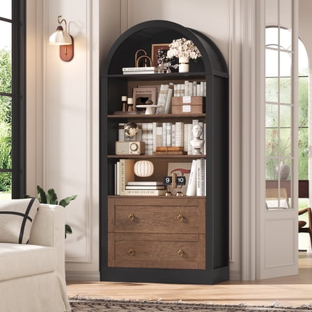 Hiphuta 70"Tall Arched Bookcase, 4-Tier Bookshelves with 2 Large Drawers, Wooden Display Shelf with Storage for Living Room Home Office, Black & Oak