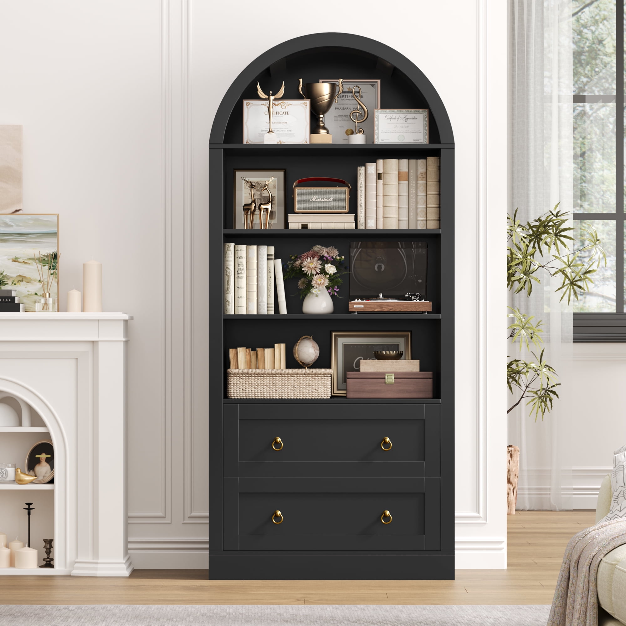 Hiphuta 70"Tall Arched Bookshelf, 4-Tier Bookcase with 2 Large Drawers, Wooden Display Shelf with Storage for Living Room Home Office, Black