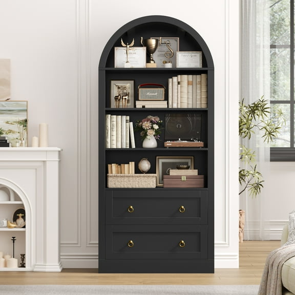 Hiphuta 70"Tall Arched Bookshelf, 4-Tier Bookcase with 2 Large Drawers, Wooden Display Shelf with Storage for Living Room Home Office, Black