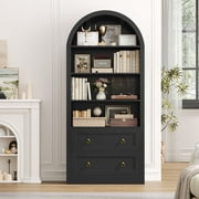 Hiphuta 70Tall Arched Bookcase, 4-Tier Bookshelves with 2 Large Drawers, Wooden Display Shelf with Storage for Living Room Home Office, Black