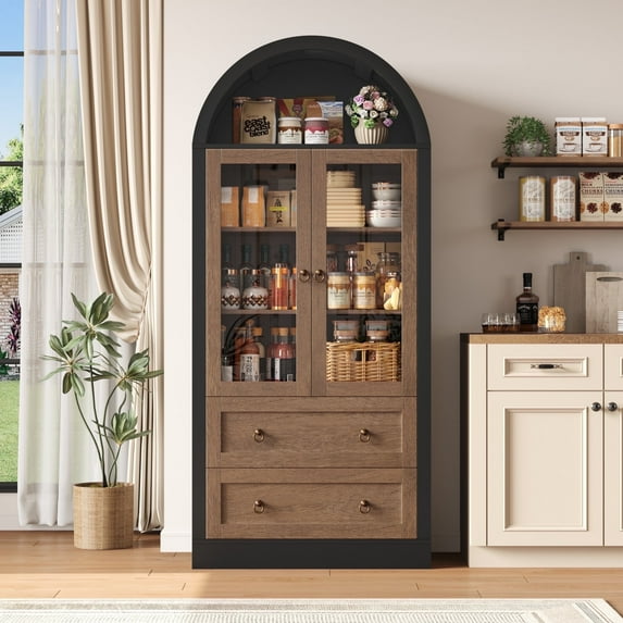 Hiphuta 70" Tall Arched Kitchen Pantry Storage Cabinet with Glass Doors, Freestanding Modern Farmhouse Hutch Cupboard with 2 Large Drawers, for Kitchen Dining Room, Black & Oak