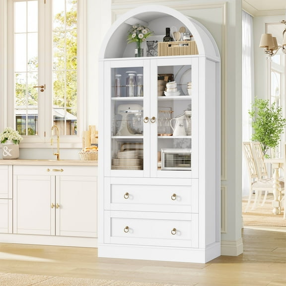 Hiphuta 70" Tall Arched Kitchen Pantry Storage Cabinet with Glass Doors, Freestanding Modern Farmhouse Hutch Cupboard with 2 Large Drawers, for Kitchen Dining Room, White