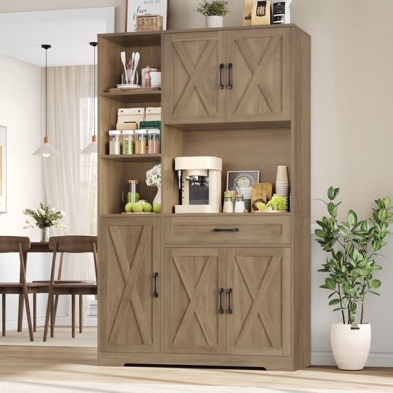Hiphuta 71"Farmhouse Kitchen Pantry Storage Cabinet, Freestanding Modern Coffee Hutch with Microwave Stand, Sturdy Pantry Cabinet for Dining Room, Rustic Brown