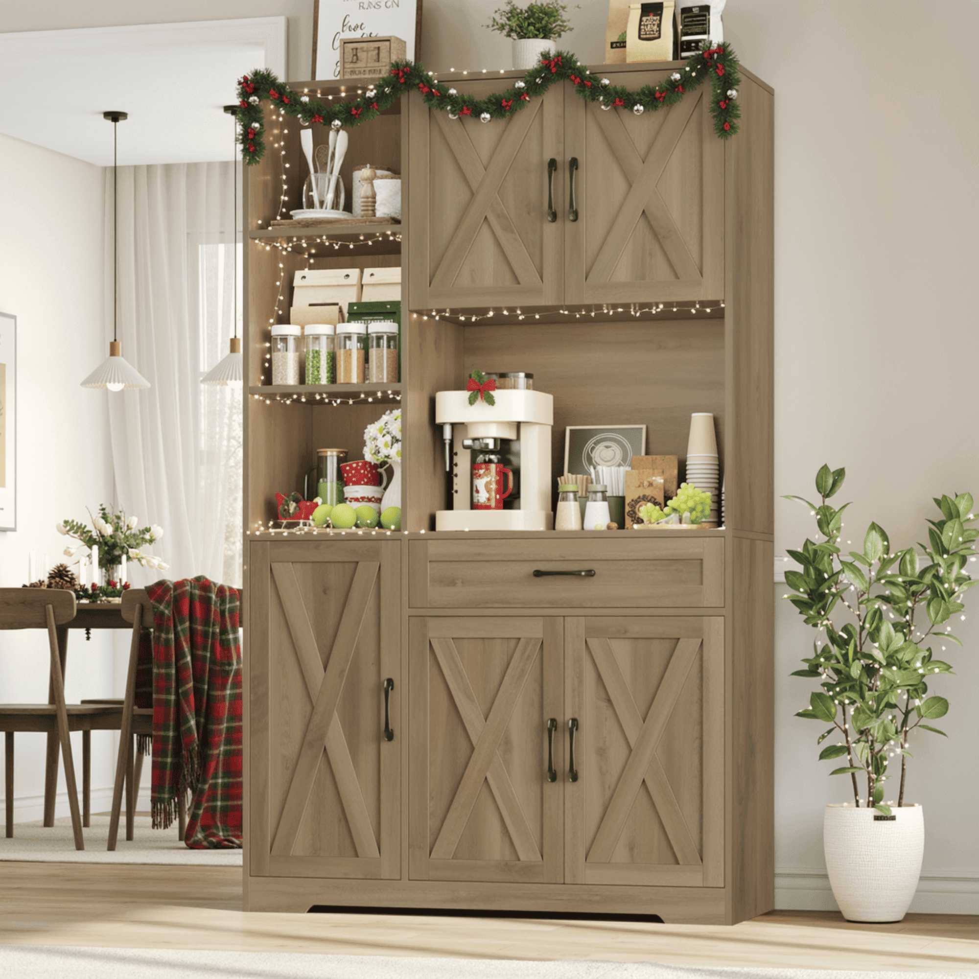 Walmart Saving of  Hiphuta 71" Farmhouse Kitchen Pantry Storage Cabinet, Freestanding Hutch with Doors and Drawer, Shelves & Microwave Stand, Sturdy Cupboard for Dining Room, Rustic Brown