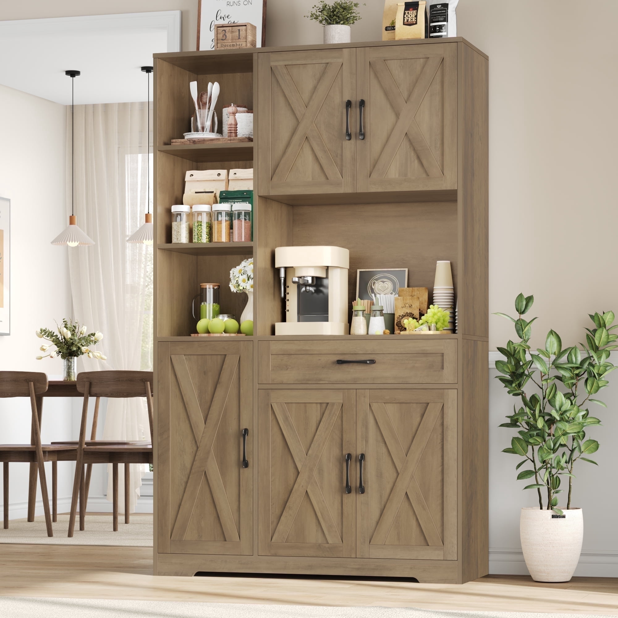 Hiphuta 71" Farmhouse Kitchen Pantry Storage Cabinet, Freestanding Hutch with Doors and Drawer, Shelves & Microwave Stand, Sturdy Cupboard for Dining Room, Rustic Brown