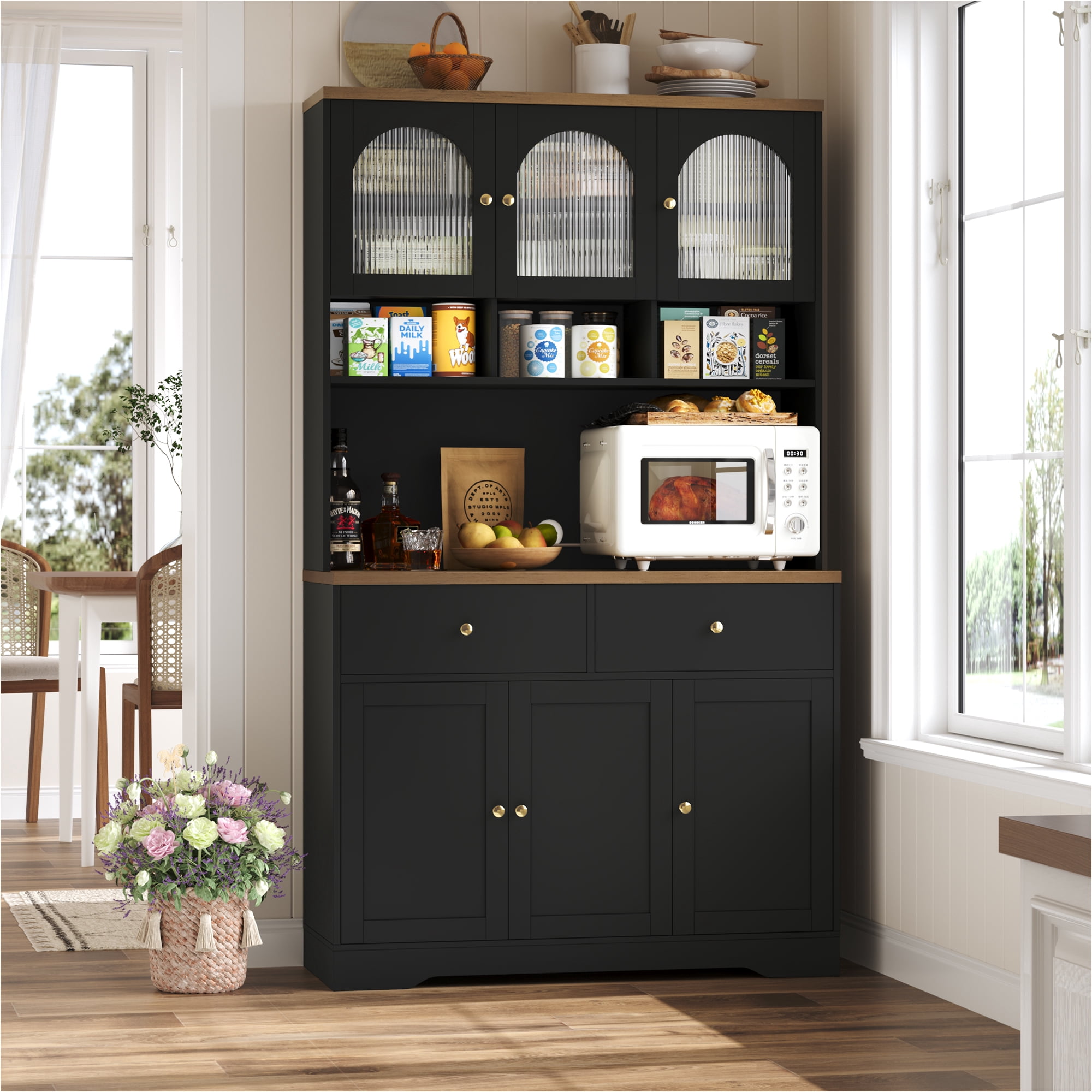 Hiphuta 71"in Modern Kitchen Pantry Storage Cabinet, Freestanding Coffee Kitchen Hutch Cabinet with Adjustable Shelves & Microwave Stand, Modern Coffee Hutch for Dining Room, Black