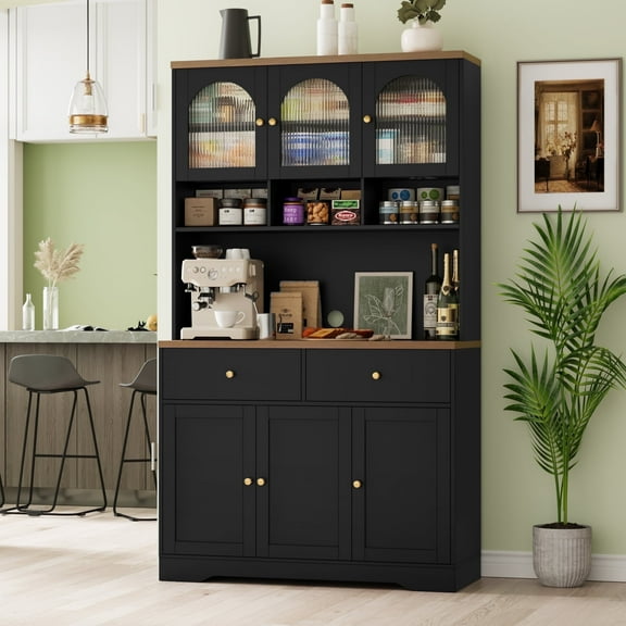 Hiphuta 71"in Modern Kitchen Pantry Storage Cabinet, Freestanding Coffee Kitchen Hutch Cabinet with Adjustable Shelves & Microwave Stand, Modern Coffee Hutch for Dining Room, Black
