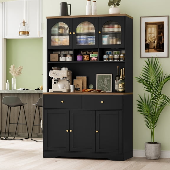 Hiphuta 71"in Modern Kitchen Pantry Storage Cabinet, Freestanding Coffee Kitchen Hutch Cabinet with Adjustable Shelves & Microwave Stand, Coffee Hutch for Dining Room, Black