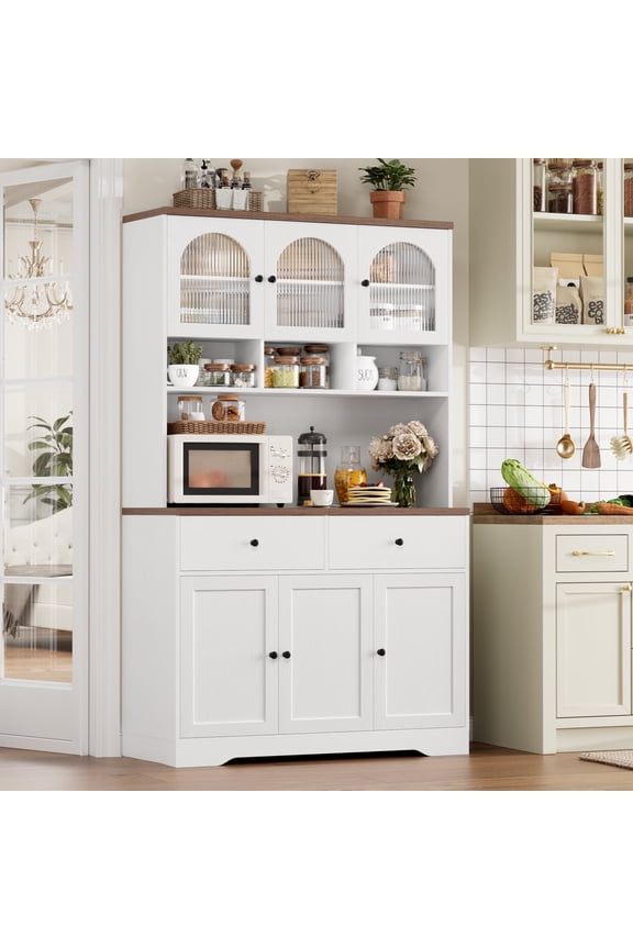 71"in Modern Kitchen Pantry Storage Cabinet, Freestanding Kitchen Hutch Cabinet with Adjustable Shelves & Microwave Stand, Modern Coffee Hutch for Dining Room, White