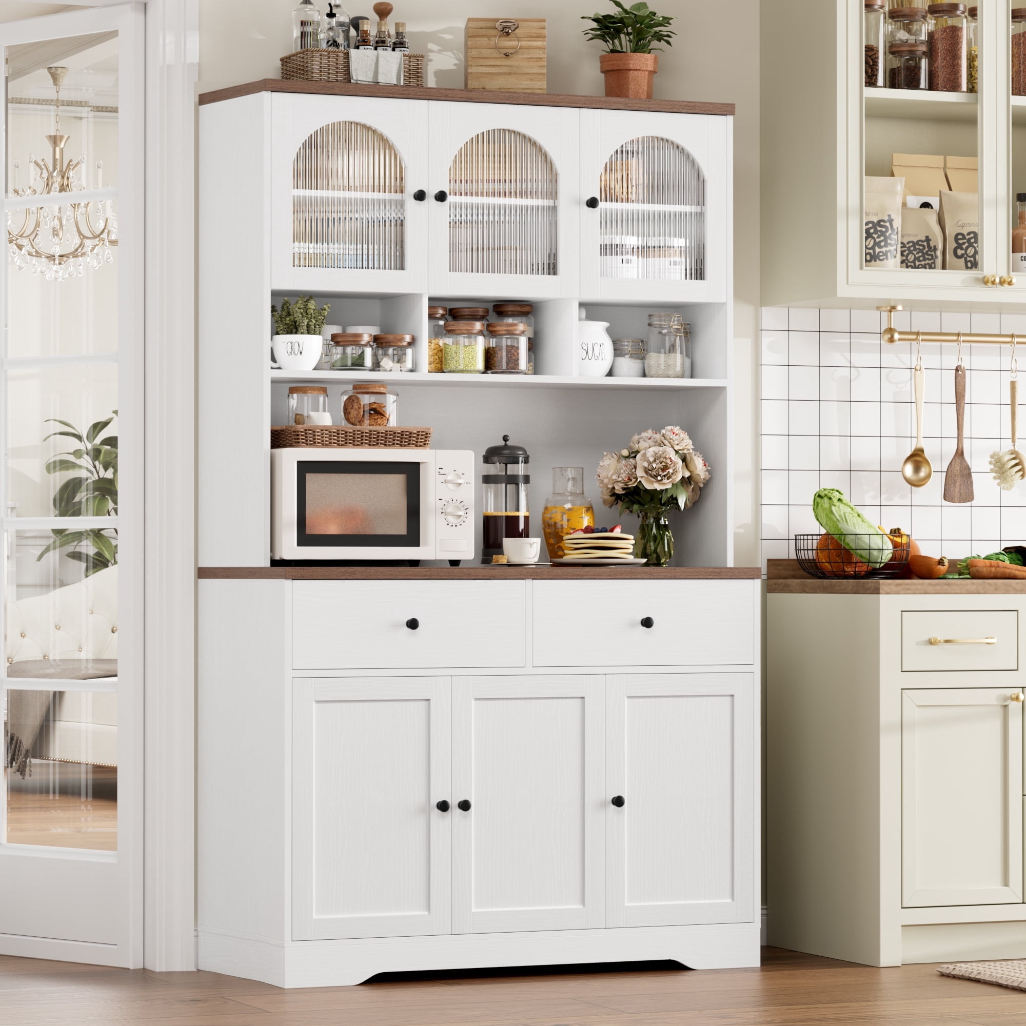 Hiphuta 71"in Modern Kitchen Pantry Storage Cabinet, Freestanding Kitchen Hutch Cabinet with Adjustable Shelves & Microwave Stand, Modern Coffee Hutch for Dining Room, White
