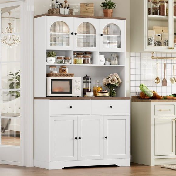 Hiphuta 71"in Modern Kitchen Pantry Storage Cabinet, Freestanding Kitchen Hutch Cabinet with Adjustable Shelves & Microwave Stand, Modern Coffee Hutch for Dining Room, White