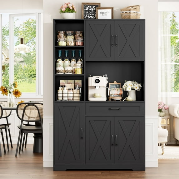 Hiphuta 71" Farmhouse Kitchen Pantry Storage Cabinet, Modern Coffee Hutch with Doors and Drawer, Shelves & Microwave Stand, Sturdy Cupboard for Dining Room, Black