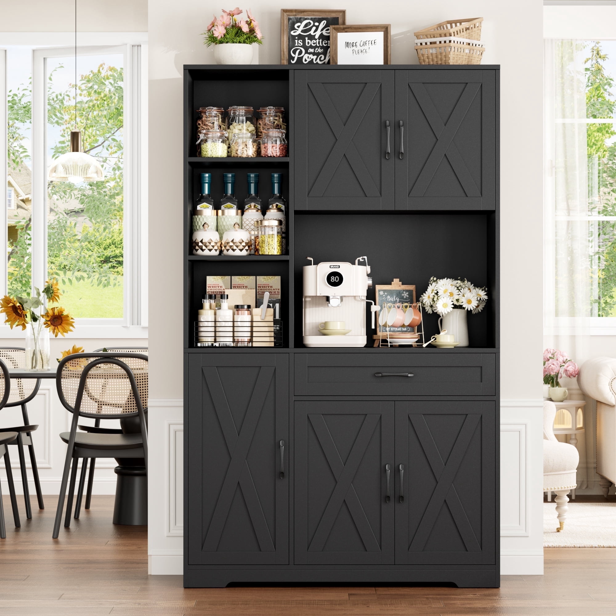 Hiphuta 71"Farmhouse Kitchen Pantry Storage Cabinet, Freestanding Hutch Cabinet with Microwave Stand, Sturdy Pantry Cabinet for Dining Room, Black