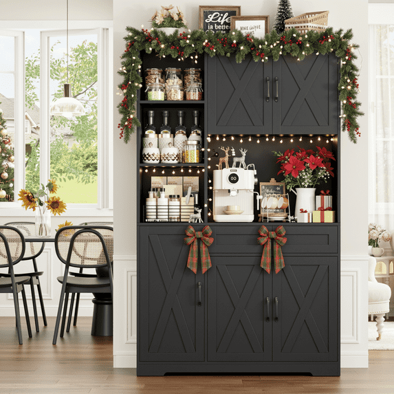 Hiphuta 71" Farmhouse Kitchen Pantry Storage Cabinet, Modern Coffee Hutch with Doors and Drawer, Shelves & Microwave Stand, Sturdy Cupboard for Dining Room, Black
