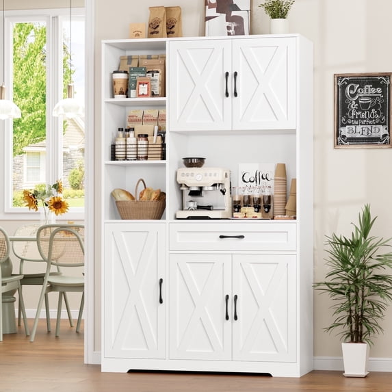 Hiphuta 71"Farmhouse Kitchen Pantry Storage Cabinet, Freestanding Hutch Cabinet with Microwave Stand, Sturdy Pantry Cabinet for Dining Room, White