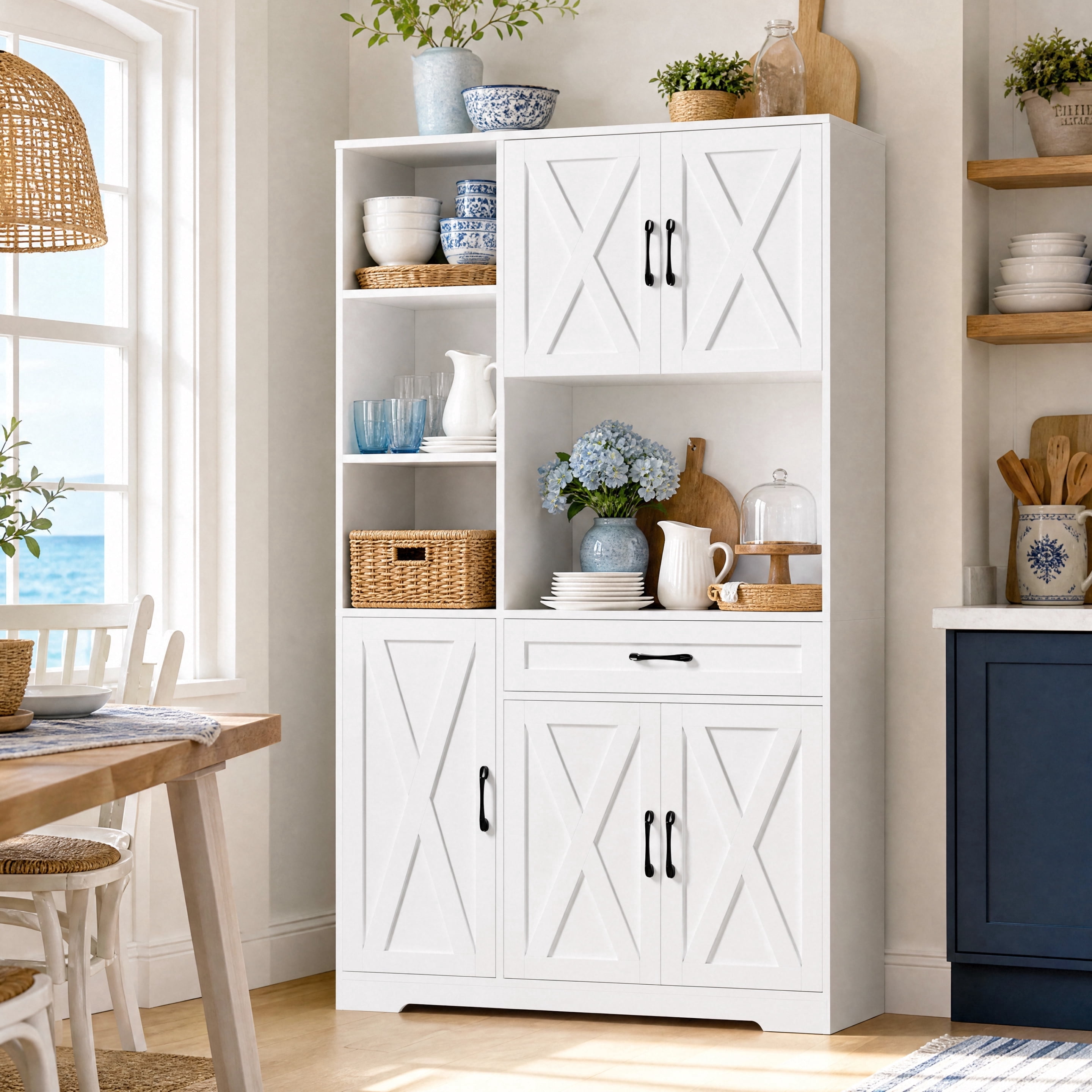 Hiphuta 71"Farmhouse Kitchen Pantry Storage Cabinet, Freestanding Modern Coffee Hutch with Microwave Stand, Sturdy Pantry Cabinet for Dining Room, White