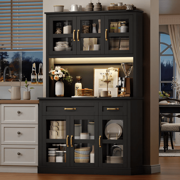 Hiphuta 71" Kitchen Pantry Cabinet with Charging Station & Light, Tall Pantry Large Storage Space Cabinet with Microwave Stand, Modern Freestanding Hutch with Countertop for Dining Room, Black