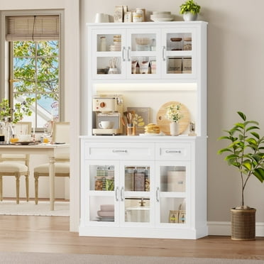 Hiphuta 71" Kitchen Pantry Cabinet with Charging Station & Light, Tall Pantry Storage Cabinet with Microwave Stand, Modern Freestanding Hutch with Countertop for Dining Room, White