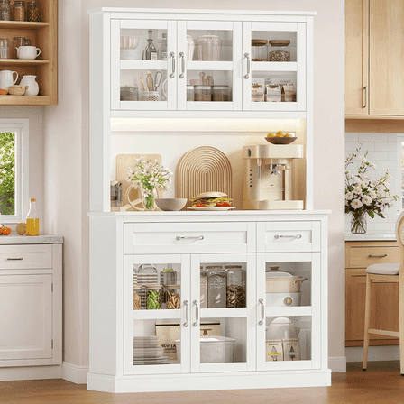 Hiphuta 71" Kitchen Pantry Cabinet with Charging Station & Light, Tall Pantry Large Storage Space Cabinet with Microwave Stand, Modern Freestanding Hutch with Countertop for Dining Room, White