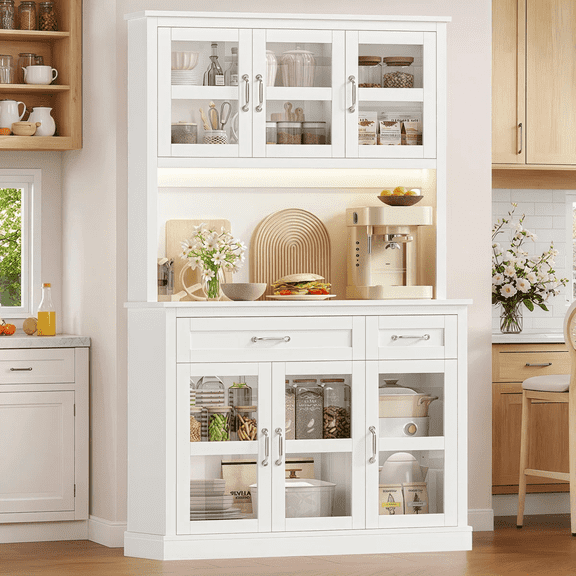 Hiphuta 71" Kitchen Pantry Cabinet with Charging Station & Light, Tall Pantry Large Storage Space Cabinet with Microwave Stand, Modern Freestanding Hutch with Countertop for Dining Room, White