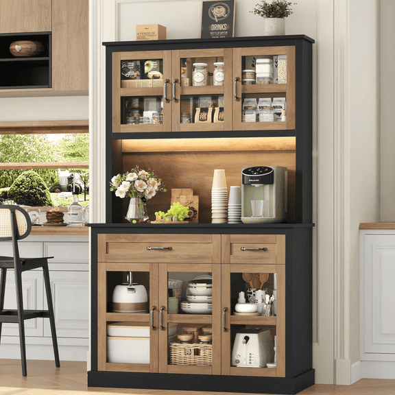Hiphuta 71" Kitchen Pantry Cabinet with Charging Station & Light, Tall Pantry Large Storage Space Cabinet with Microwave Stand, Modern Freestanding Hutch with Countertop for Dining Room, Black & Oak