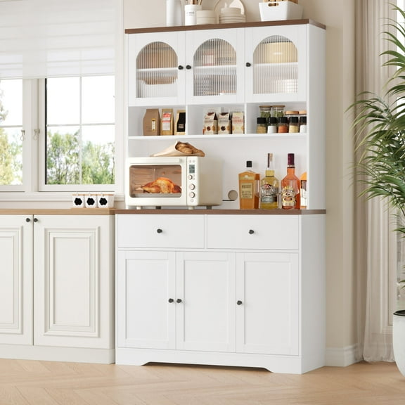 Hiphuta 71" Kitchen Pantry Cabinet, Tall Pantry Cabinet with Microwave Stand, Modern Freestanding Hutch with Storage Drawer for Dining Room, White