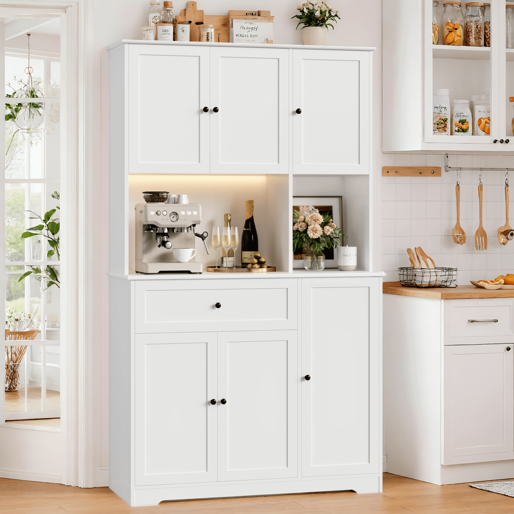 Hiphuta 71" Kitchen Pantry with 7-Color LED Light and Charging Station, Tall Pantry Cabinet with Microwave Stand, Modern Freestanding Hutch with Storage Drawer for Dining Room, White