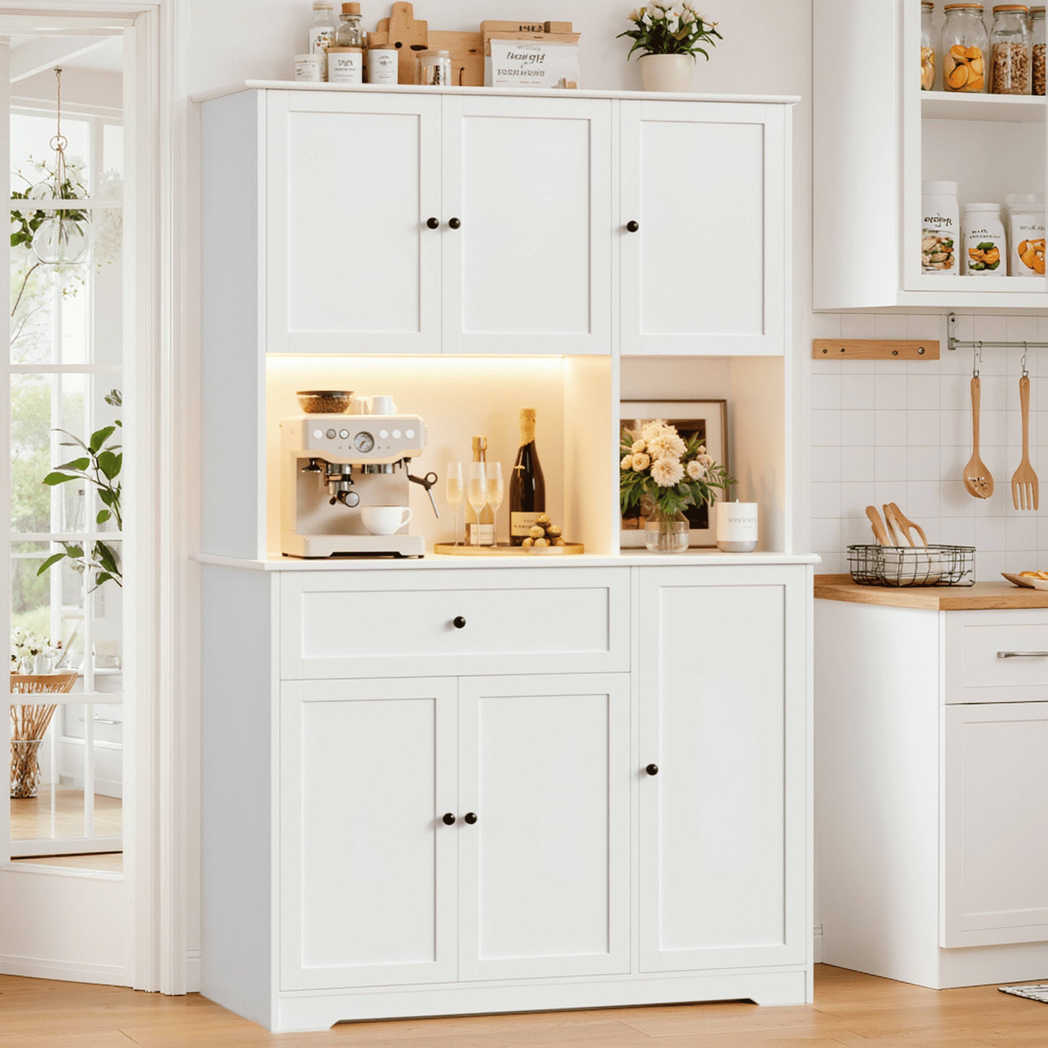 Hiphuta 71" Kitchen Pantry with 7-Color LED Light and Charging Station, Tall Pantry Cabinet with Microwave Stand, Modern Freestanding Hutch with Storage Drawer for Dining Room, White