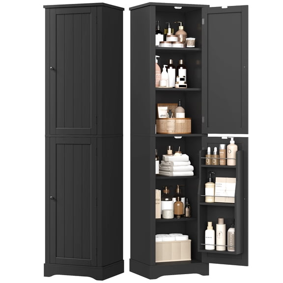 Hiphuta 71" Tall Narrow Bathroom Storage Cabinet, Slim Bathroom Storage Tower with Adjustable Shelves & Door Shelves, Narrow Cabinet with Doors for Small Spaces, Black