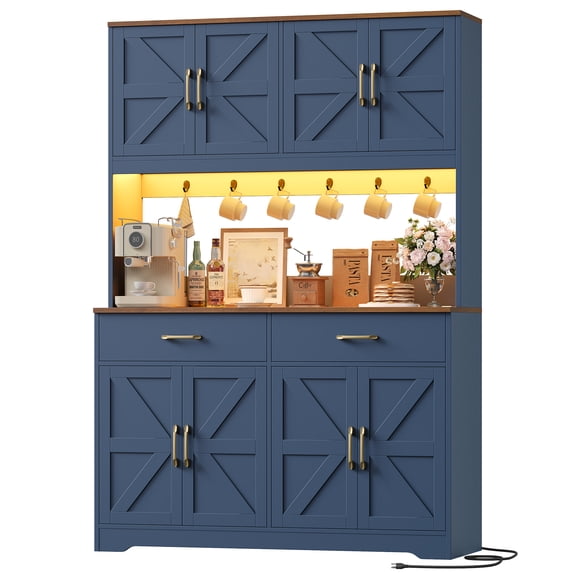 Hiphuta 71" Tall Kitchen Pantry Storage Cabinet with RGB LED and 6 Metal Hooks, Farmhouse Coffee Bar Cabinet with Charging Station, Buffet with Hutch and Microwave Stand, Blue