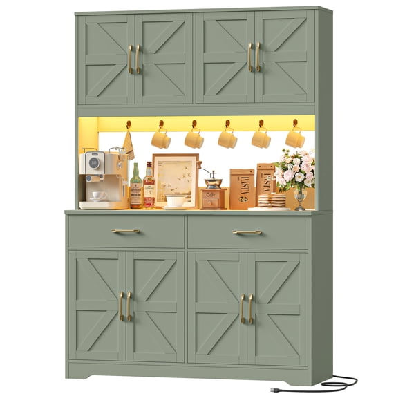 Hiphuta 71" Tall Kitchen Pantry Storage Cabinet with RGB LED and 6 Metal Hooks, Farmhouse Coffee Bar Cabinet with Charging Station, Buffet with Hutch and Microwave Stand, Green