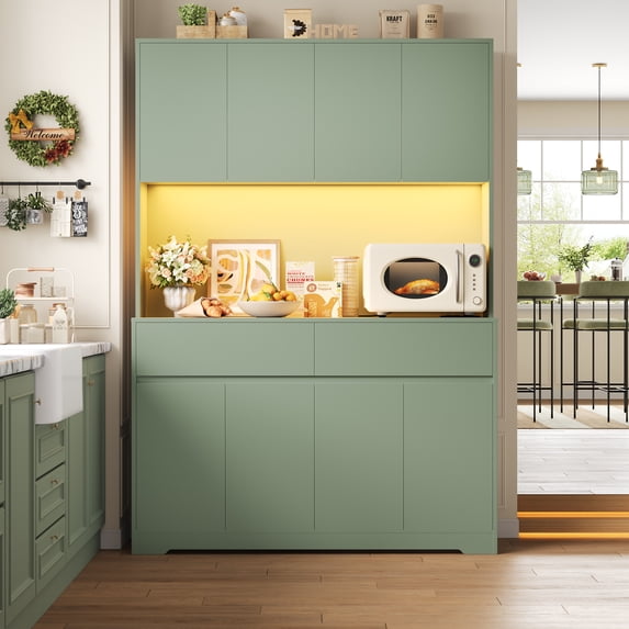 Hiphuta 71"Tall Modern Pantry Cabinet with Charge Station & Led Light, Freestanding Kitchen Hutch Cabinet for Dining Room, Green