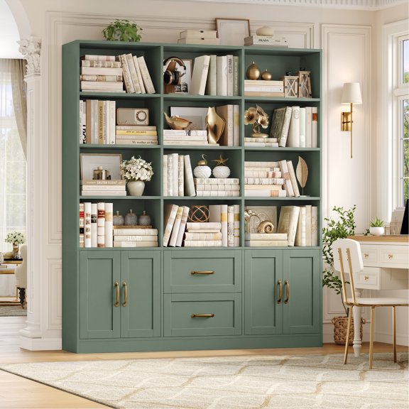 Hiphuta 71" Tall Triple Row 4-Tier Bookcase with 12 Open Cubes, 59" Wide Extra Large Display Bookshelf with 4 Doors and 2 Drawers, for Office Living Room, Green