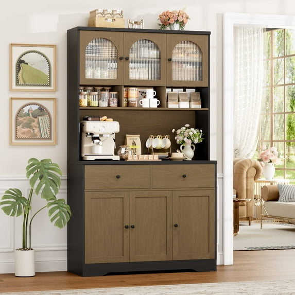 Hiphuta 71"in Modern Kitchen Pantry Storage Cabinet, Freestanding Kitchen Hutch Cabinet with Adjustable Shelves & Microwave Stand, Modern Coffee Hutch for Dining Room, Oak