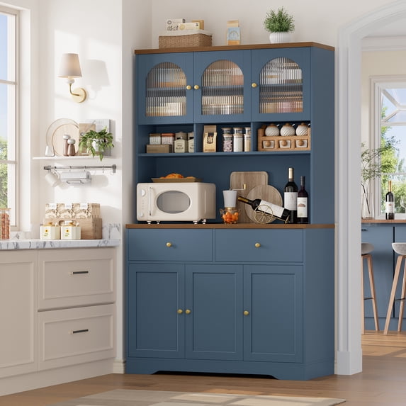 Hiphuta 71"in Modern Kitchen Pantry Storage Cabinet, Freestanding Kitchen Hutch Cabinet with Adjustable Shelves & Microwave Stand, Coffee Hutch for Dining Room, Blue
