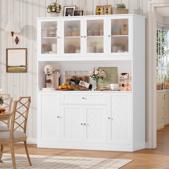 Hiphuta 72" H Kitchen Pantry Cabinet with Frosted Glass Door, 55" W Farmhouse Kitchen Storage Cabinet with Cable Management, Large Kitchen Hutch for Kitchen Dining Room