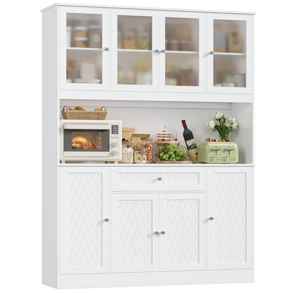 Hiphuta 72" H Kitchen Pantry Cabinet with Frosted Glass Door, 55" W Farmhouse Kitchen Storage Cabinet with Cable Management, Large Kitchen Hutch for Kitchen Dining Room