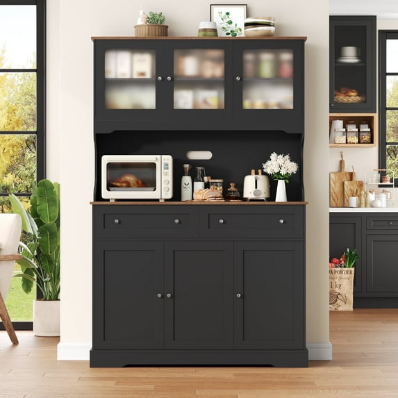 Hiphuta 72"Tall Kitchen Pantry Storage Cabinet with Power Outlet, Freestanding Cupboard Storage Buffet Hutch with Microwave Stand, Coffee Bar with Drawers & Glass Doors, Black & Oak