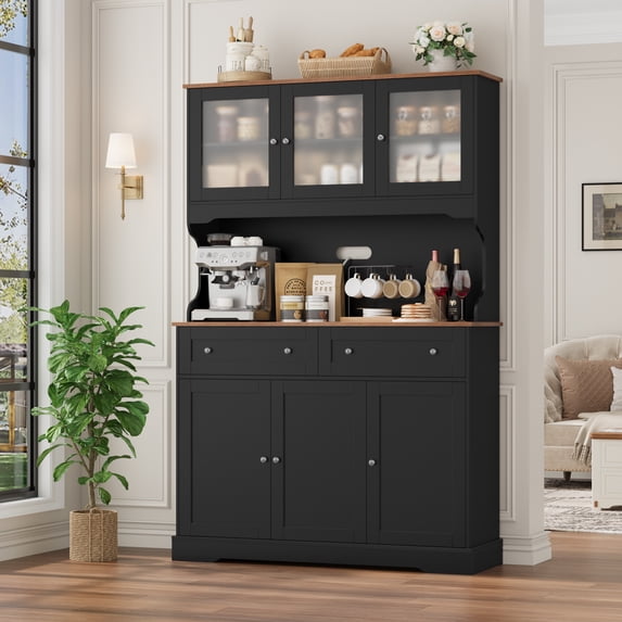 Hiphuta 72" Tall Kitchen Pantry Storage Cabinet with Power Outlet, Freestanding Cupboard Hutch Cabinet with Glass Doors, Large Coffee Bar with Microwave Stand & 2 Drawers, Black & Oak