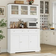 Hiphuta 72"Tall Kitchen Pantry Storage Cabinet with Power Outlet, Freestanding Cupboard Storage Buffet Hutch with Microwave Stand, Coffee Bar with Drawers & Glass Doors, White