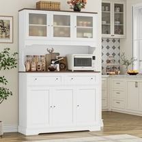 Hiphuta 72"Tall Kitchen Pantry Storage Cabinet with Power Outlet, Freestanding Cupboard Storage Buffet Hutch with Microwave Stand, Coffee Bar with Drawers & Glass Doors, White
