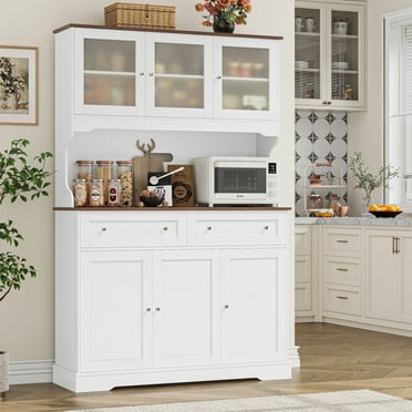 Hiphuta 72"Tall Kitchen Pantry Storage Cabinet with Power Outlet, Freestanding Cupboard Storage Buffet Hutch with Microwave Stand, Coffee Bar with Drawers & Glass Doors, White