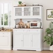 Hiphuta 72"Tall Kitchen Pantry Storage Cabinet with Power Outlet, Freestanding Cupboard Storage Buffet Hutch with Microwave Stand, Coffee Bar with Drawers & Glass Doors, White