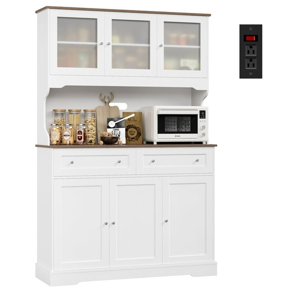 Hiphuta 72"Tall Kitchen Pantry Storage Cabinet with Power Outlet, Freestanding Cupboard Storage Buffet Hutch with Microwave Stand, Coffee Bar with Drawers & Glass Doors, White